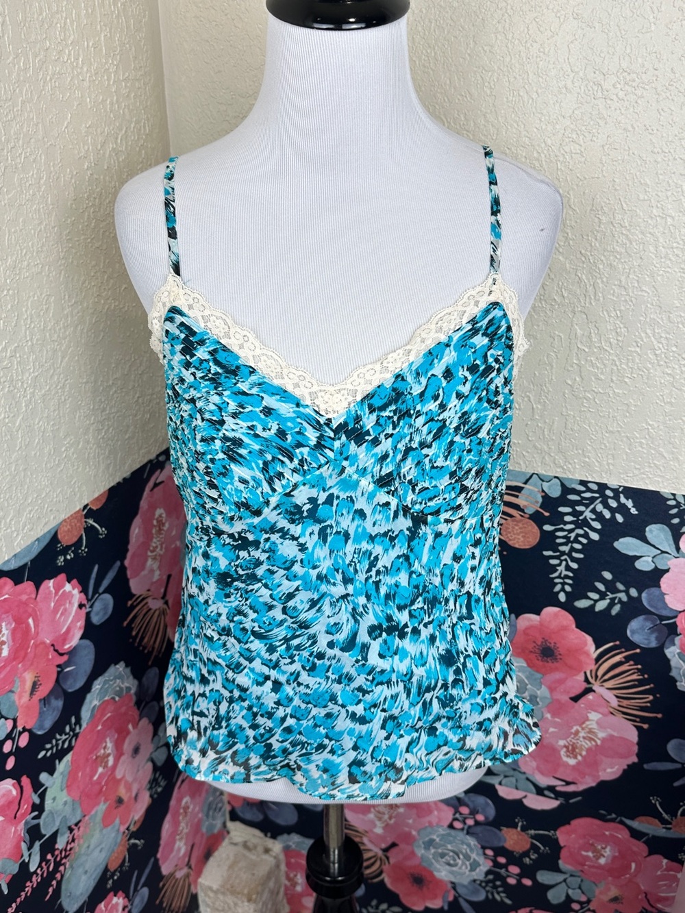 Y2K Vibe NWT Ann Taylor Blue Leopard Print Lace Cami Tank Top Size 8 Petite